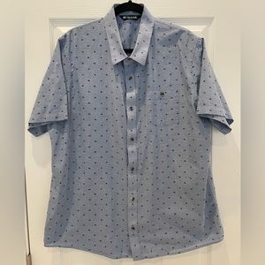 Travis Mathew Button Up Shirt Mens XL Short Sleeve Blue Speckled White with Navy